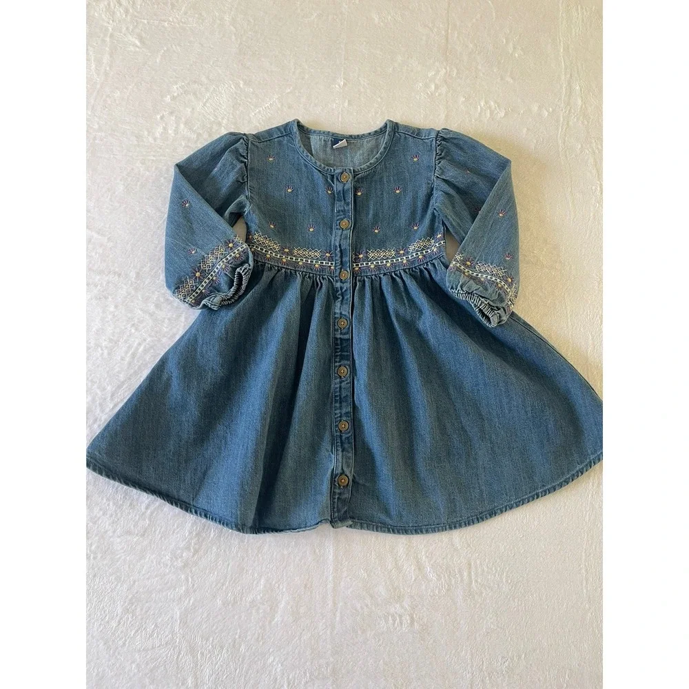 Old Navy Girls 4T Medium Wash Denim Embroidered Floral Button Front Dress